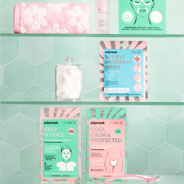 Drug-free skincare products for sensitive skin, including PMS acne patches, after sun sheet masks, and ingrown hair solutions by Popmask.