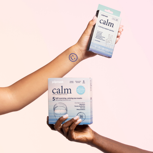 Popmask stress products, including calming patches and heated eye masks.