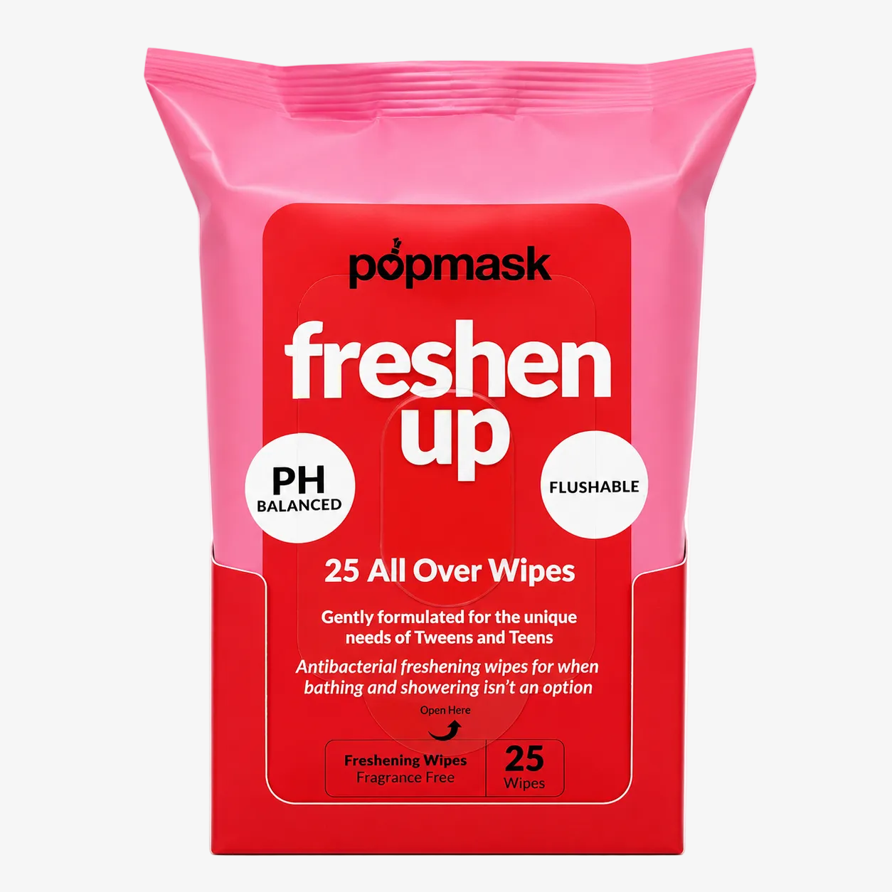 A package of poppmask Freshen Up all over wipes in a bright pink and red bag, containing 25 wipes.